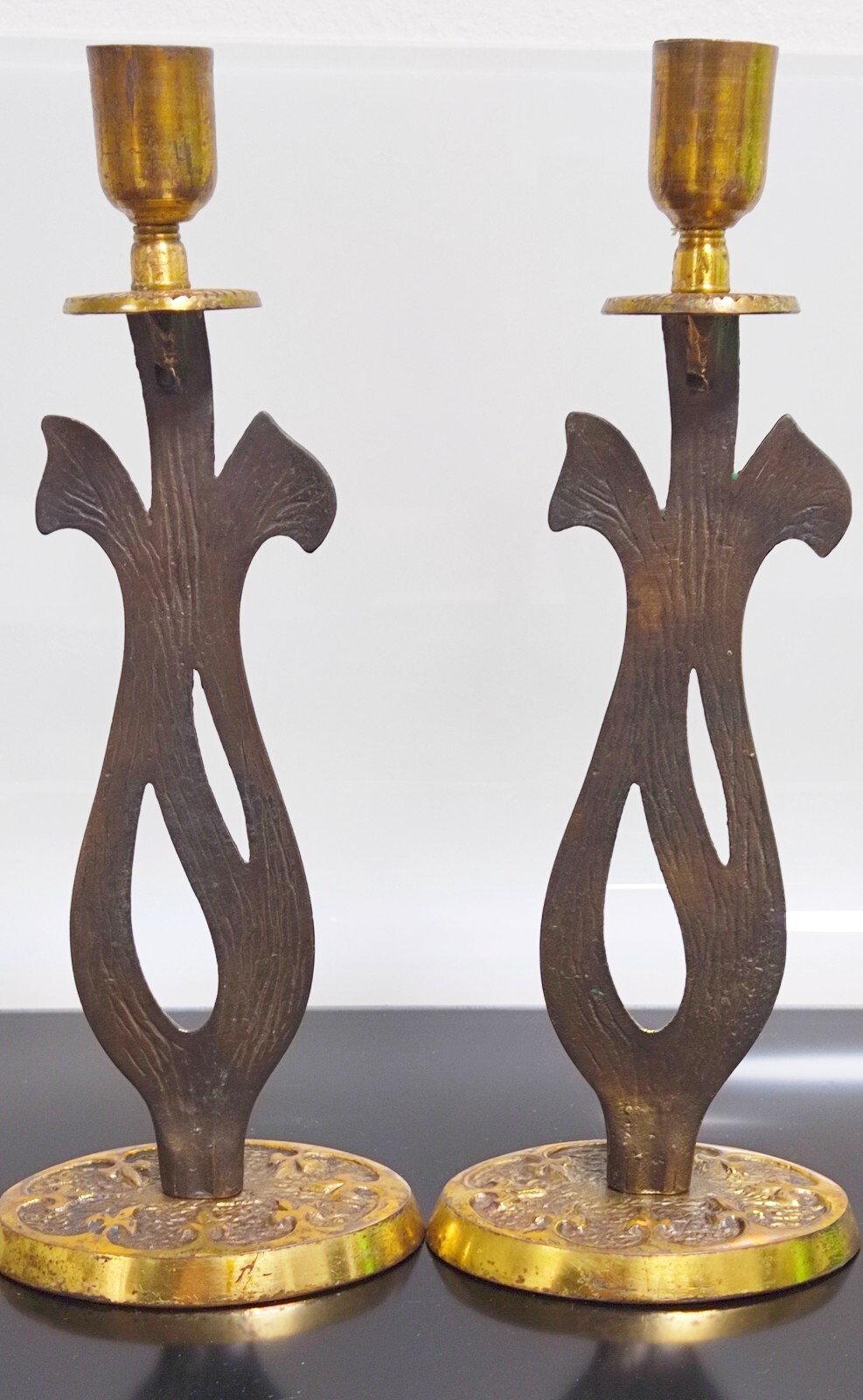 Pair of Brass & Enamel Menorah Candle Holders Israel 60's Holy Land Candlesticks - Image 5