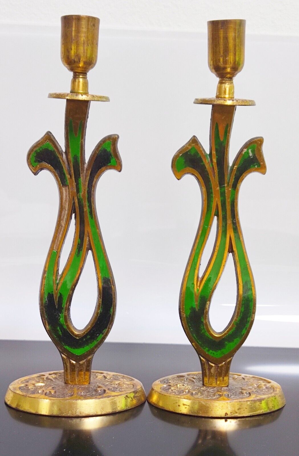 Pair of Brass & Enamel Menorah Candle Holders Israel 60's Holy Land Candlesticks