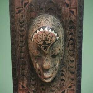 Vintage African Ethnic Trinket Box with Carved 3D Mask and Hand Painted Design