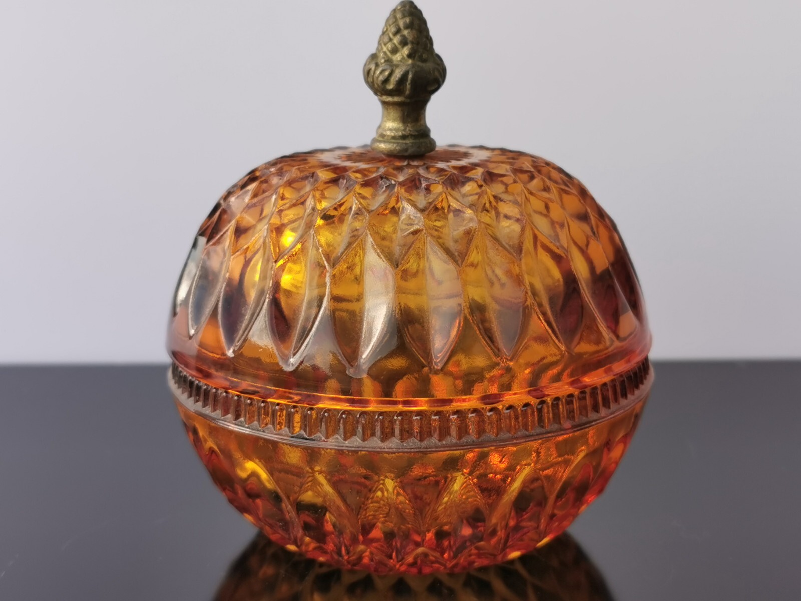 Vintage Amber Indiana Glass Candy Bowl Lidded with Brass Acorn Handle