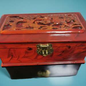Vintage Chinese Wood Carved Jewelry Trinket Box Crane Figures Red Floral