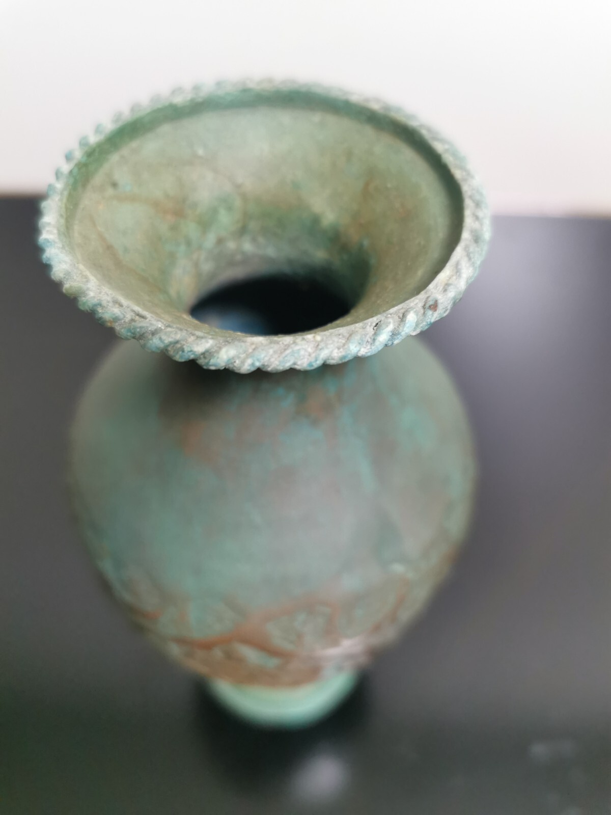 19th Century Indo-Persian Islamic Hammered Copper Vase w/ Original Green Patina - Image 3