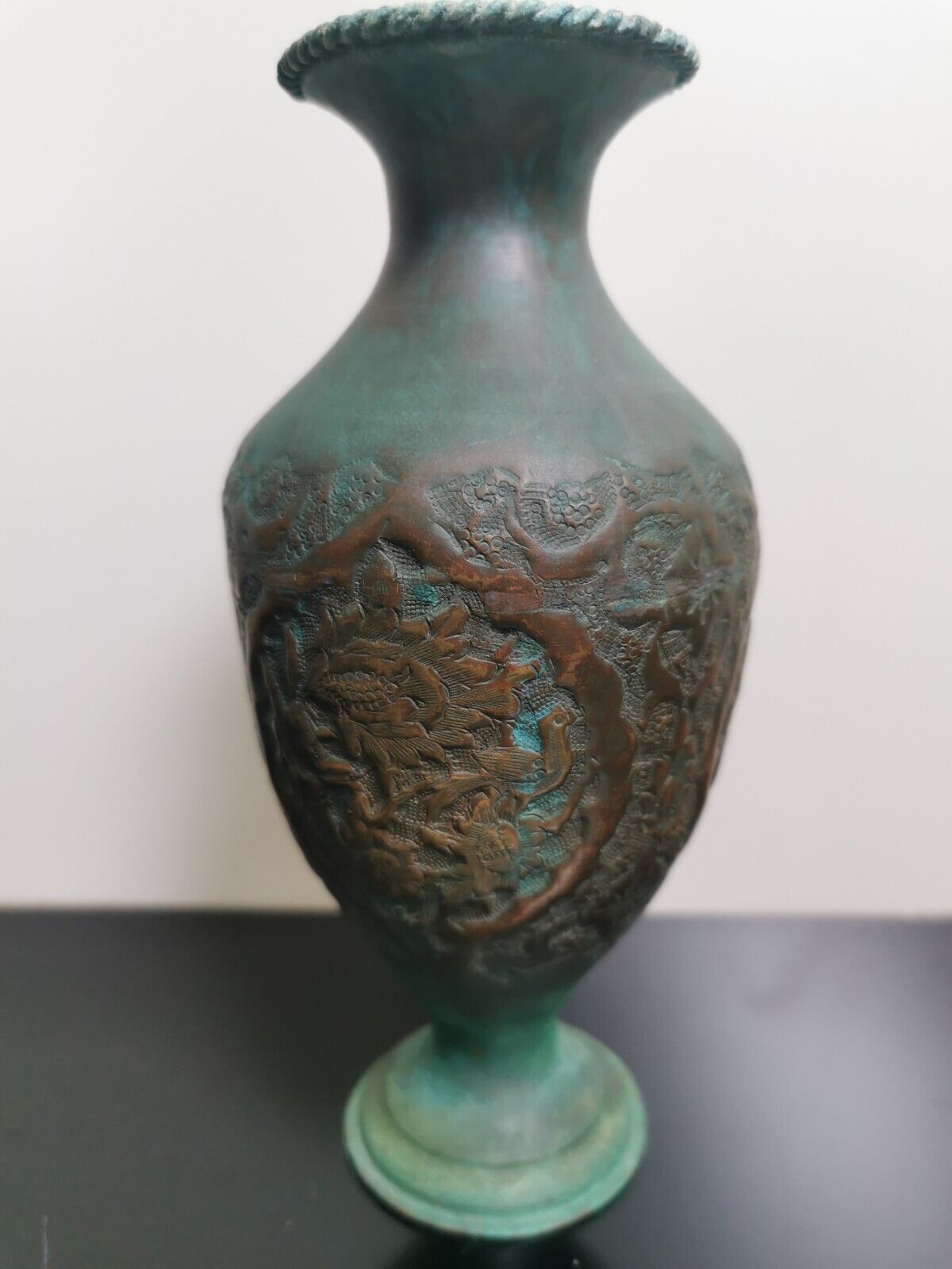 19th Century Indo-Persian Islamic Hammered Copper Vase w/ Original Green Patina