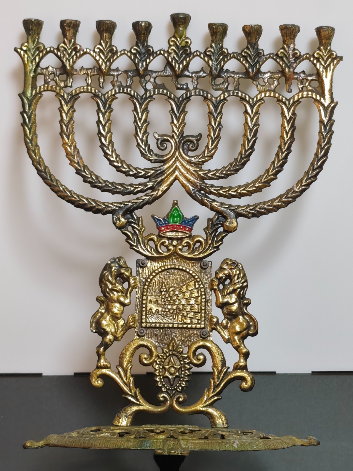 XL Vintage Judaica Hanukkah Jewish Menorah Jerusalem Brass Bronze Holy Land 34cm - Image 2