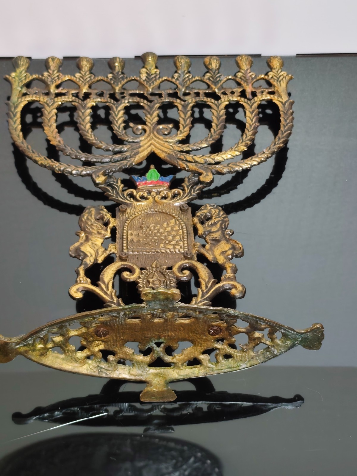 XL Vintage Judaica Hanukkah Jewish Menorah Jerusalem Brass Bronze Holy Land 34cm - Image 9