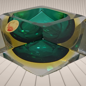 60's Heavy Bowl Ashtray Green / Yellow Murano Glass by Flavio Poli for Seguso