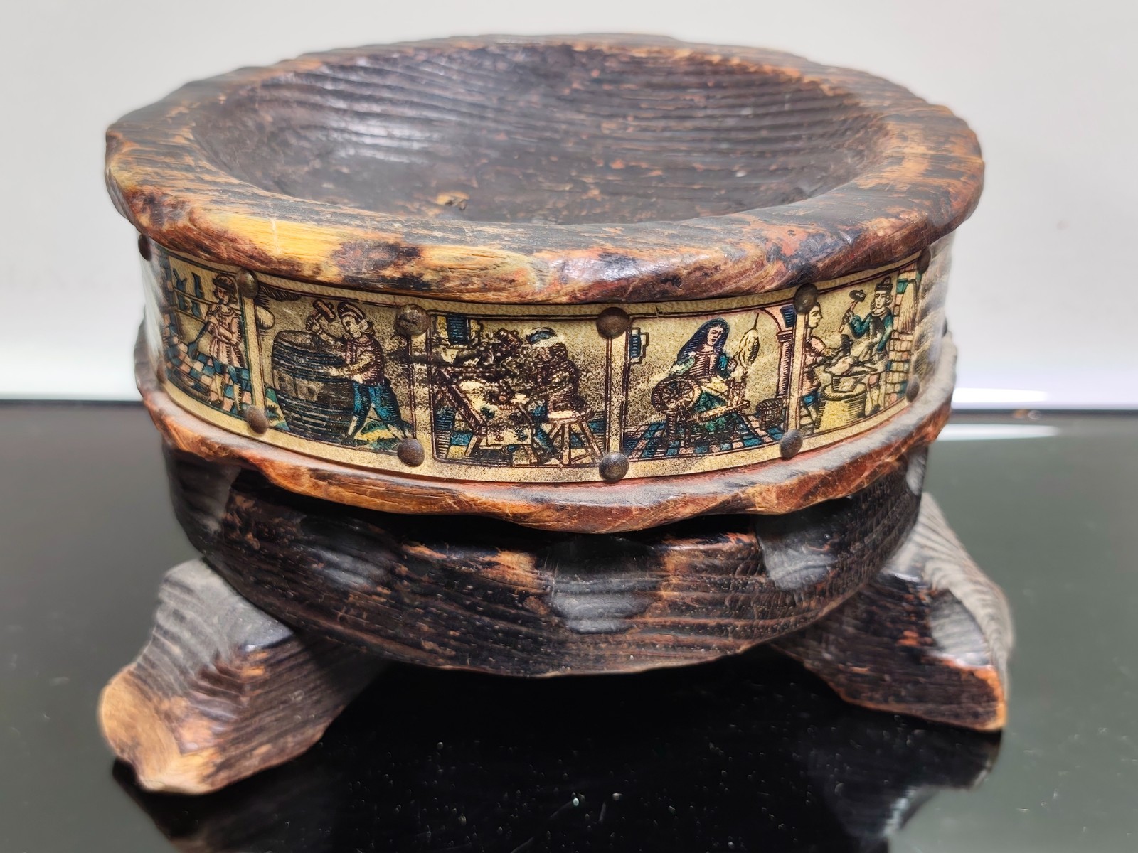 Mid Century Ashtray Bowl Wood Carved With 17th Century Design Probably Spain - Image 4