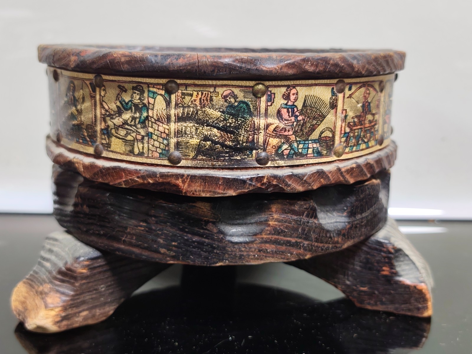 Mid Century Ashtray Bowl Wood Carved With 17th Century Design Probably Spain - Image 5