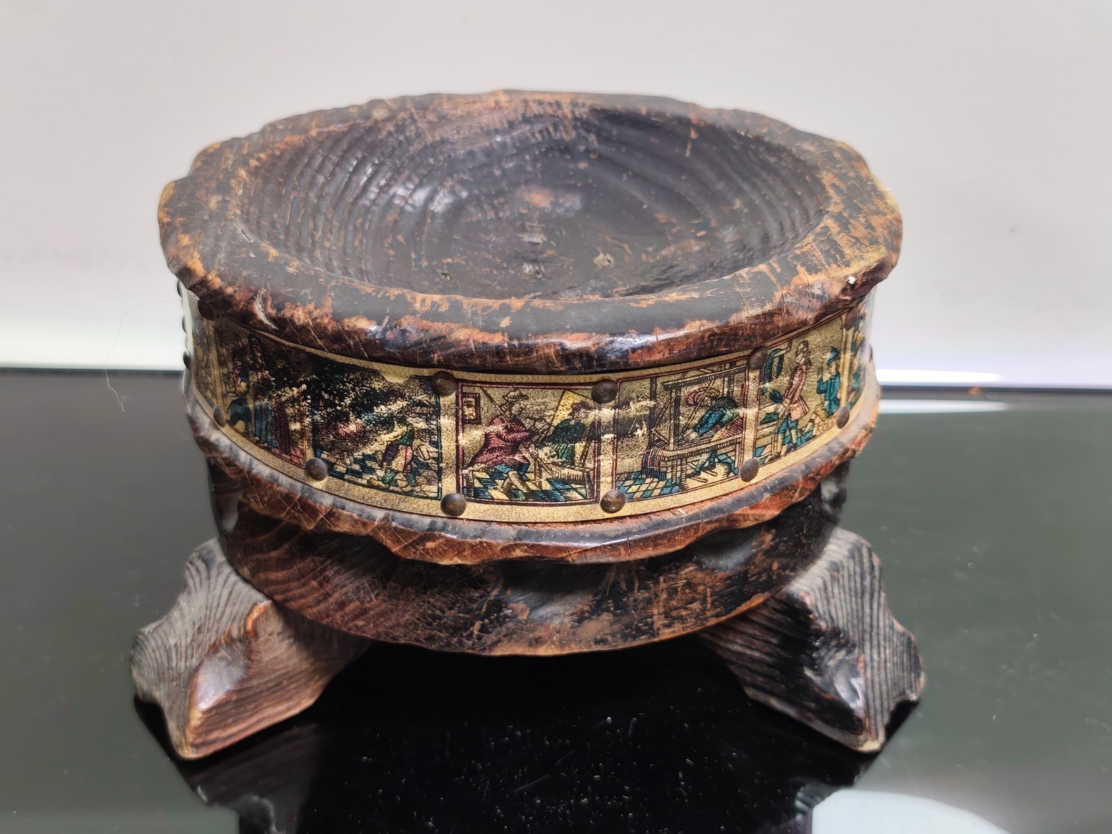 Mid Century Ashtray Bowl Wood Carved With 17th Century Design Probably Spain