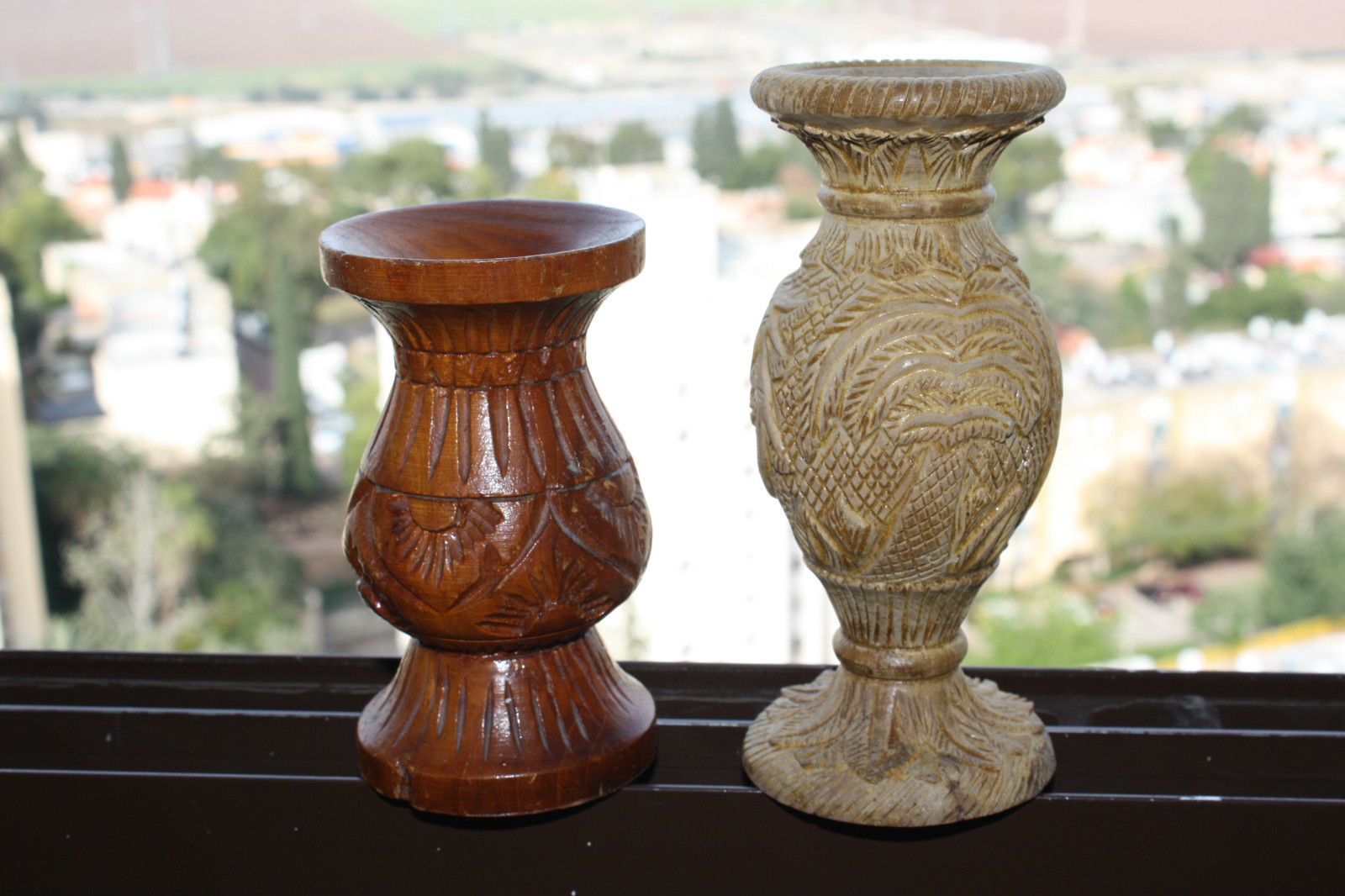 Pair of Vintage Hand Carved Wooden Vase Wood Art Home Bar Decoration