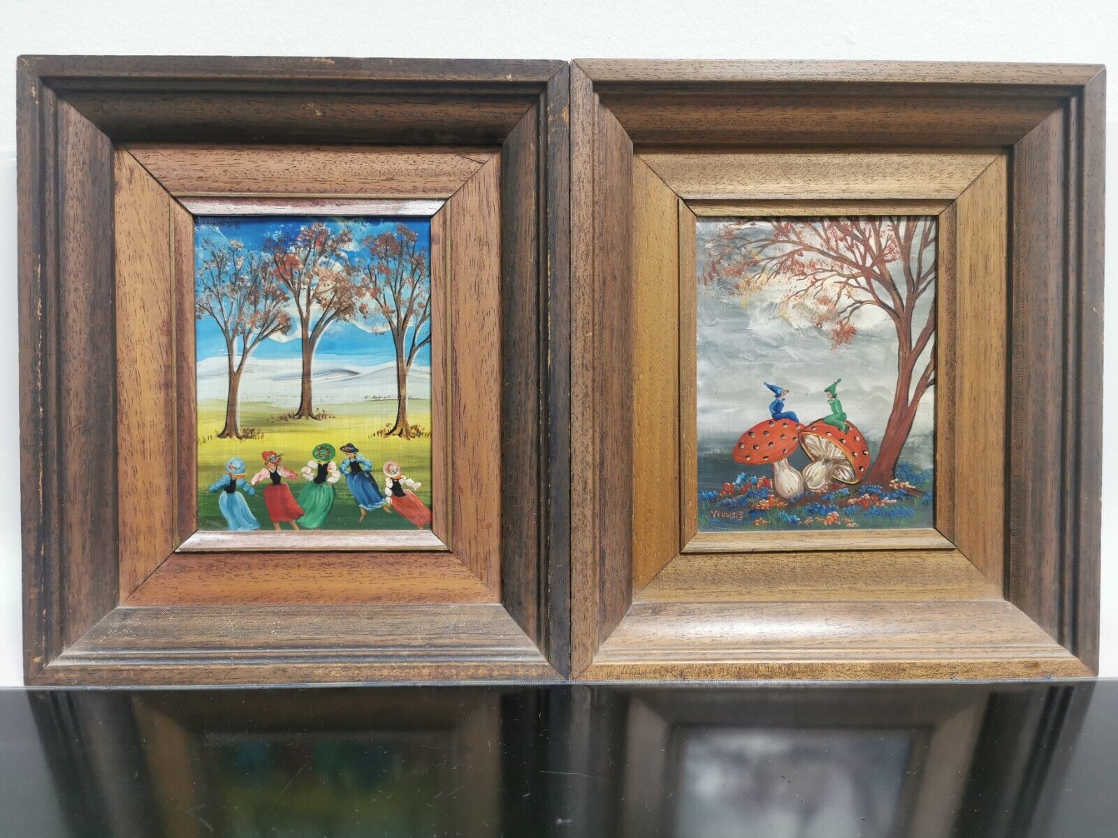 Pair of Vintage Israel Oil on Board Painting Signed REVIVA YOFFE Wood Framed