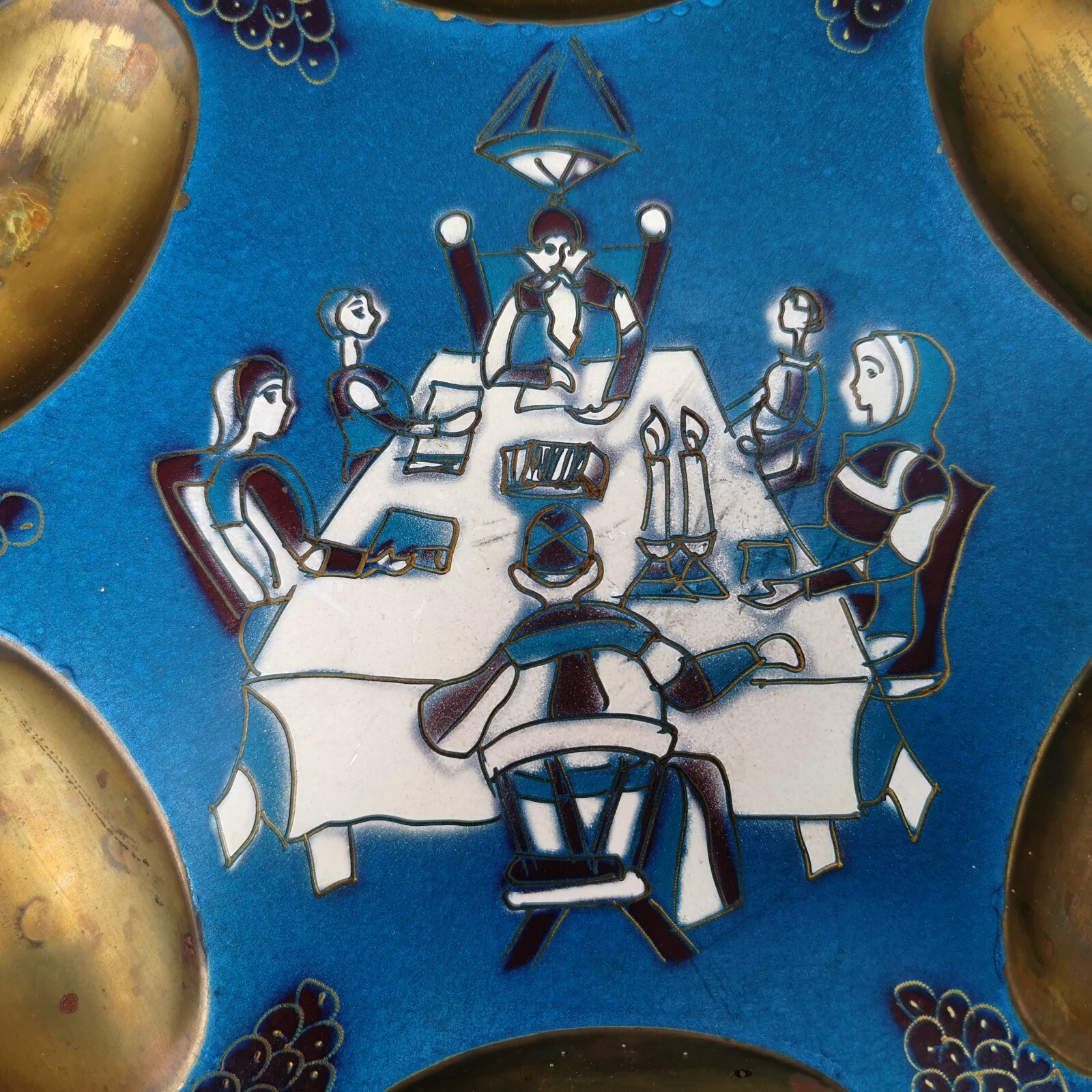 Vintage Hand Painted Brass Bronze Enamel Passover Tray Plate Jerusalem Israel - Image 3