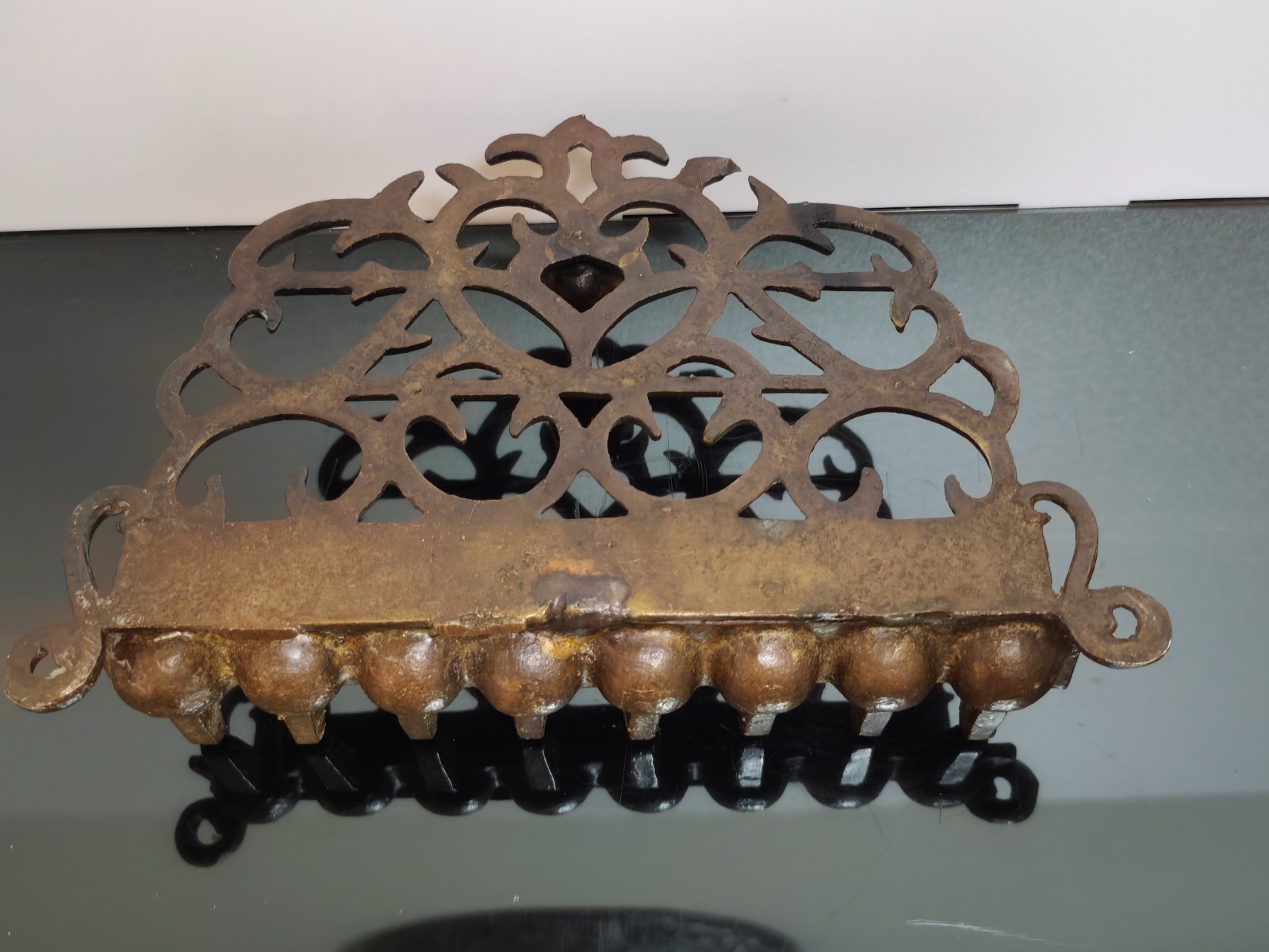 Antique Italian Brass Bronze c.18th Hanukkah Oil Lamp Menora Rare Wall Hanging - Image 5