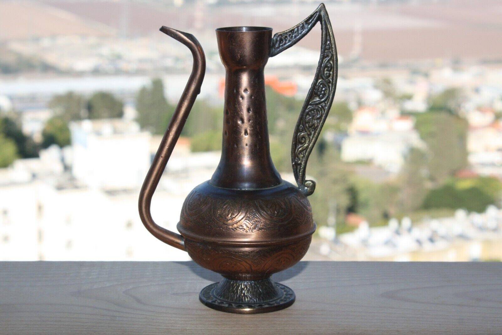 Arts & Crafts 50's Israel Hammered Copper Coffee Pot with Brass Handle and Base
