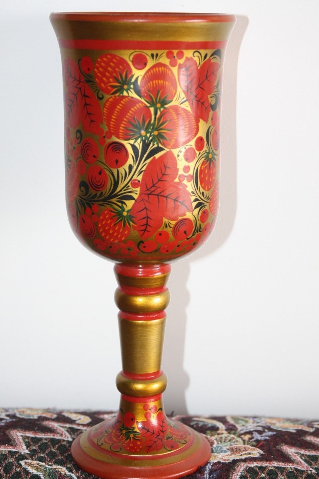 Gold Hand Painted Lacquered Vintage Russian Khokhloma Wooden Goblet Cup Decor 11 - Image 8