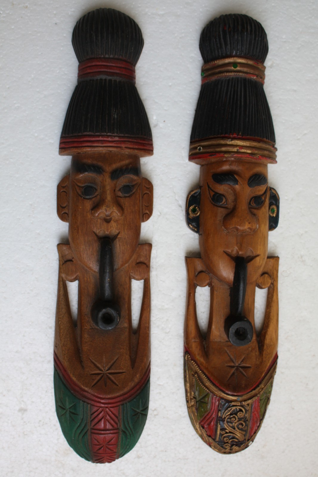 Pair of Wooden Hand Carved and Painted Pipe Smoker Mask Wall Hanging 40cm Rare - Image 6