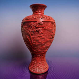 Vintage Chinese Red Cinnabar Lacquer Carved Blue Enamel Vase Landscape Excellent