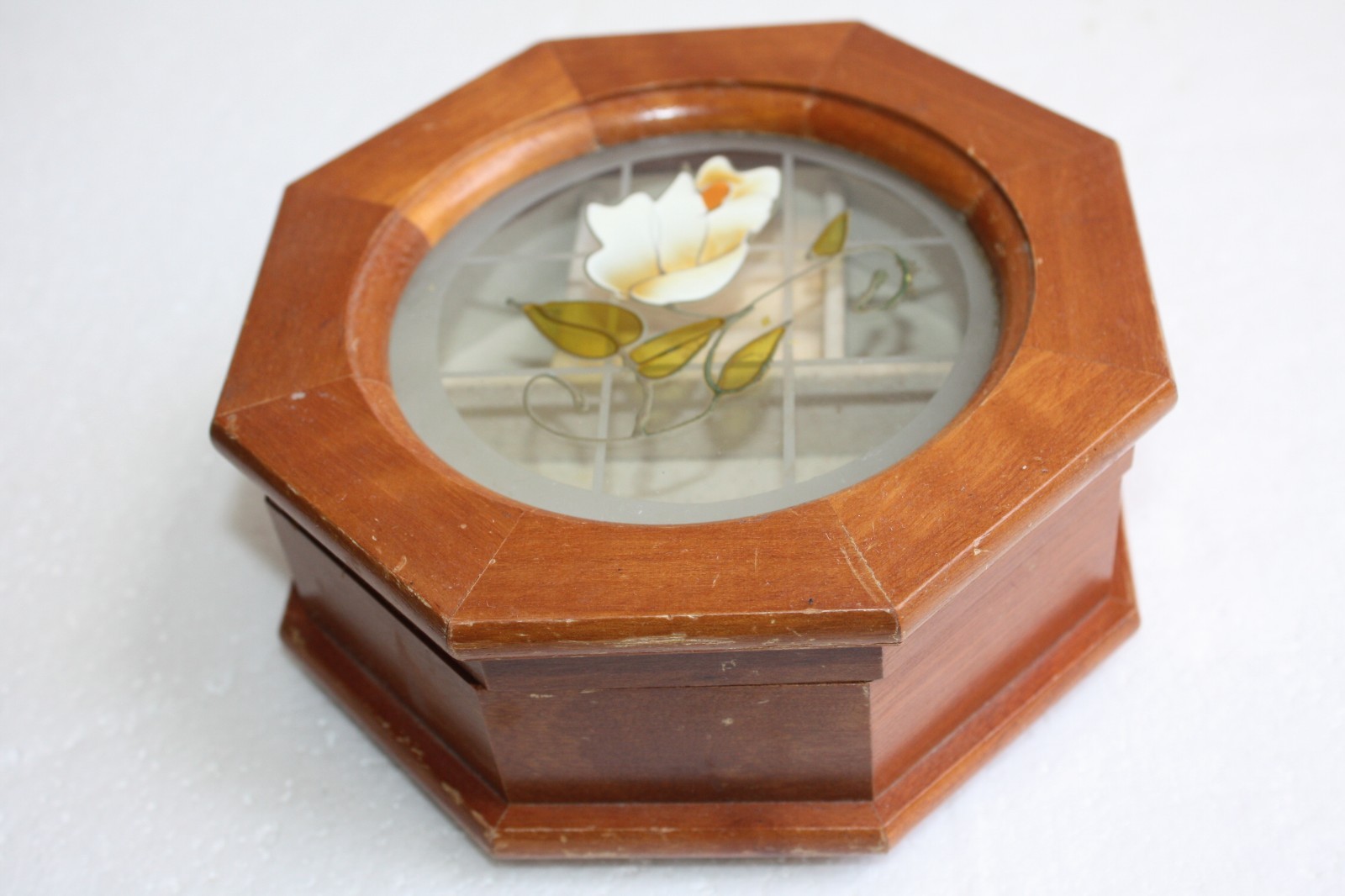 Vintage Decorative Octagonal Hinged Jewelry Trinket Box Wood and Glass Collector - Image 5