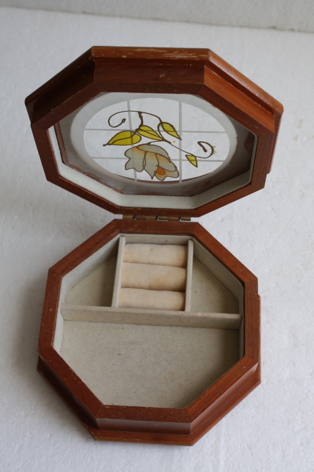 Vintage Decorative Octagonal Hinged Jewelry Trinket Box Wood and Glass Collector - Image 6