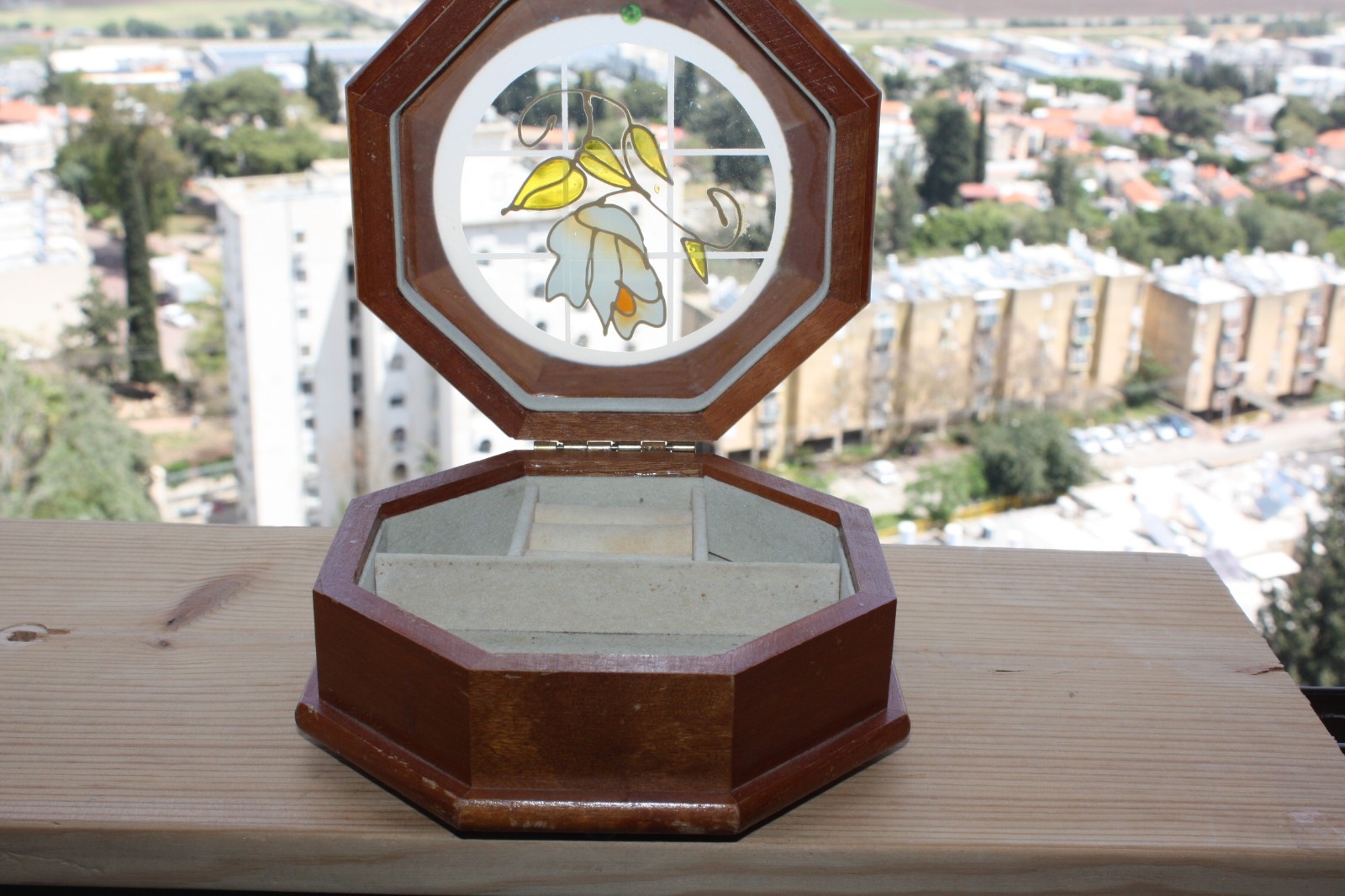 Vintage Decorative Octagonal Hinged Jewelry Trinket Box Wood and Glass Collector