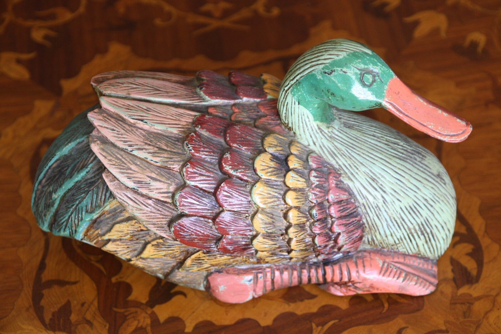 Vintage Large 11" Hand Carved & Painted Wooden Duck Folk Art Rustic Home Decor