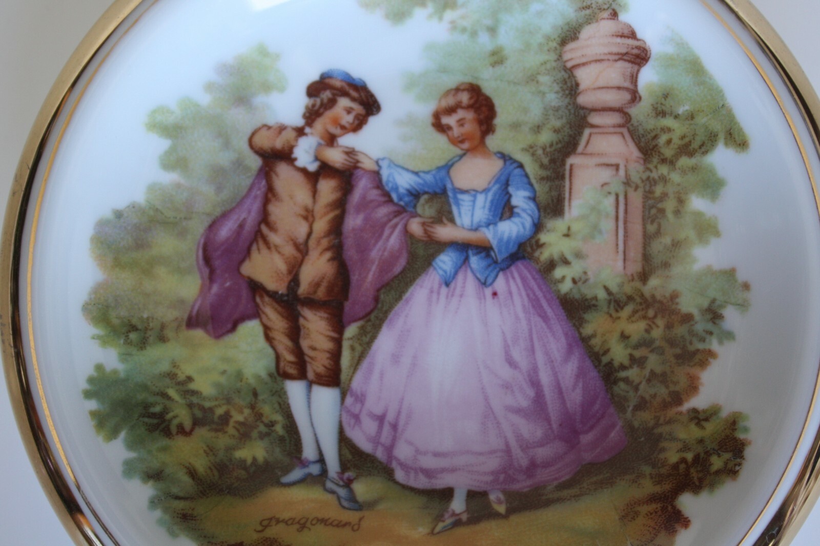 Limoges France Plate Dish Bowl with Gold Rim French Fragonard Couple Scene 7" - Image 3