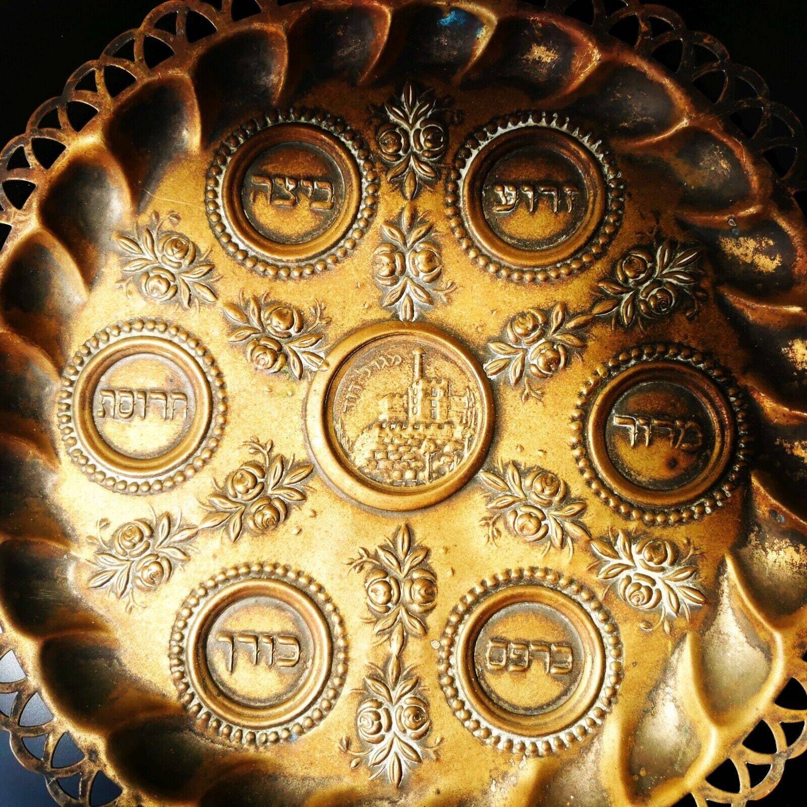 Old Antique Copper Hammered Passover Tray Plate Jerusalem Israel Palestine Rare - Image 4