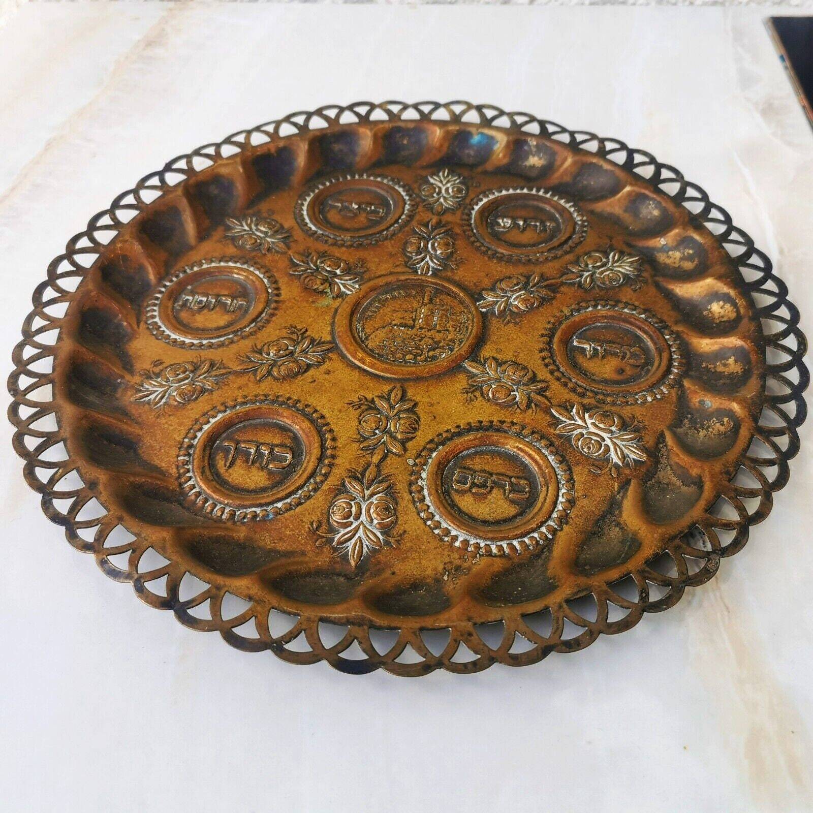 Old Antique Copper Hammered Passover Tray Plate Jerusalem Israel Palestine Rare - Image 6