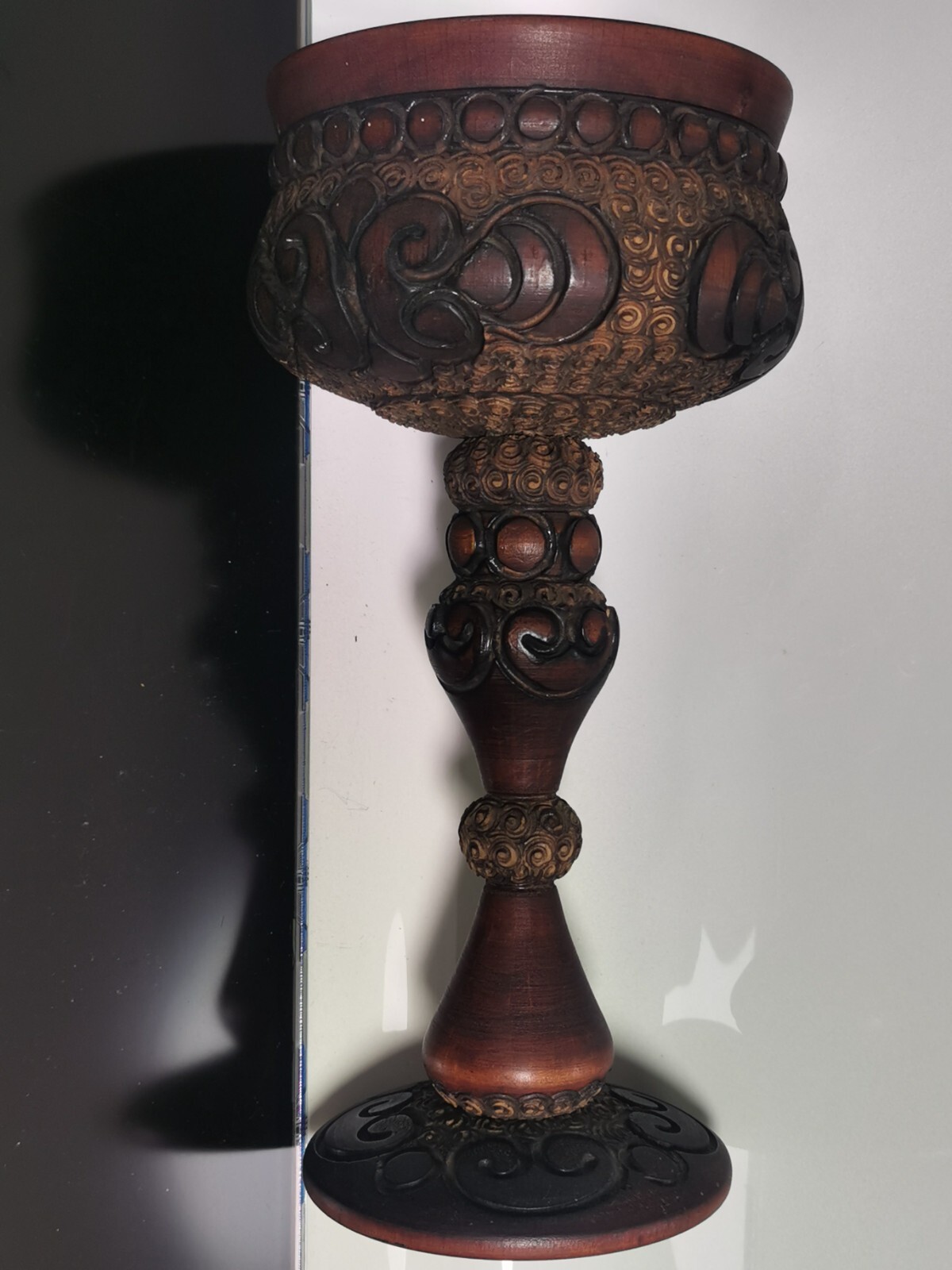Pair of Handcarved Vintage Wooden Goblet Pyrography with Georgian Motif - Image 13