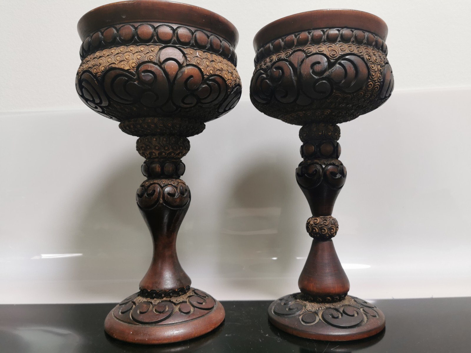 Pair of Handcarved Vintage Wooden Goblet Pyrography with Georgian Motif - Image 3