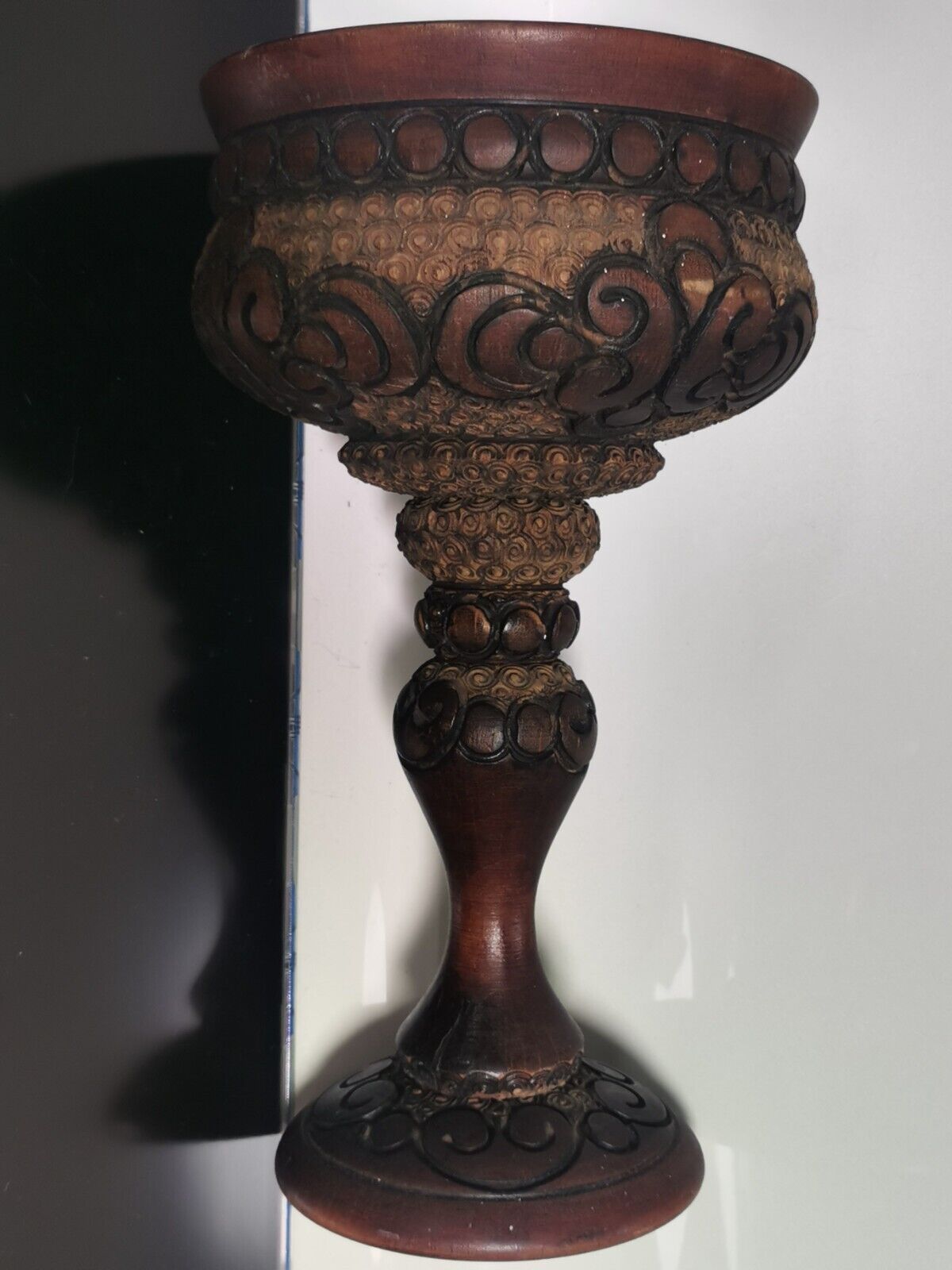 Pair of Handcarved Vintage Wooden Goblet Pyrography with Georgian Motif - Image 9