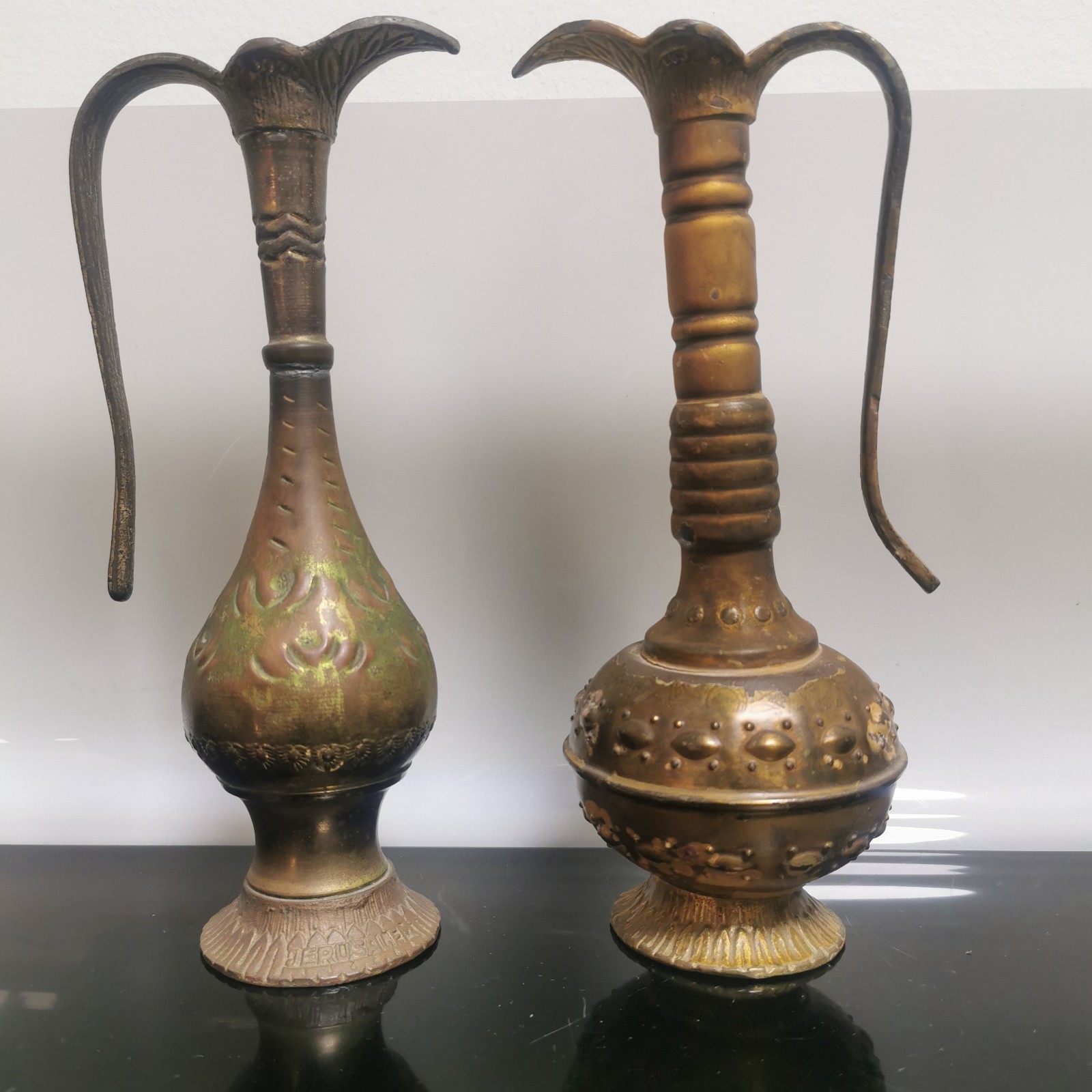 Pair of Vintage Copper Brass Hand Engraved Decorative Jerusalem Oil Pot Vase