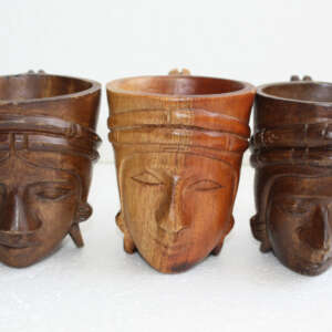 Three Vintage Wooden Mug with Tribal Face Hand Carved Solid Wood Collectible