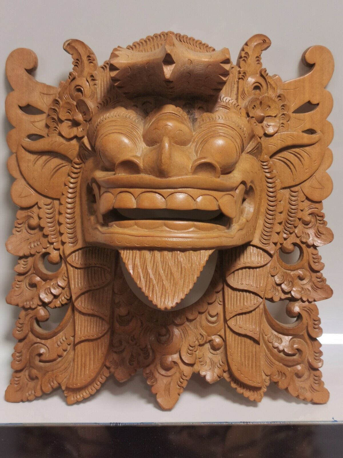Vintage Balinese Barong Hand Carved Wooden Dragon Face Mask Wall Decor - Image 4