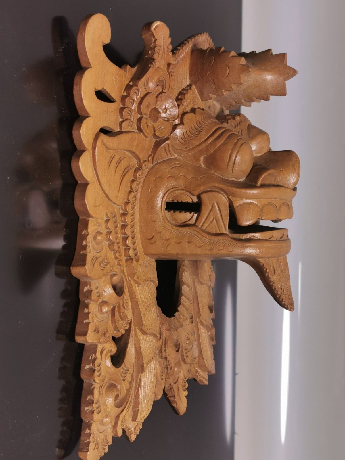 Vintage Balinese Barong Hand Carved Wooden Dragon Face Mask Wall Decor - Image 7
