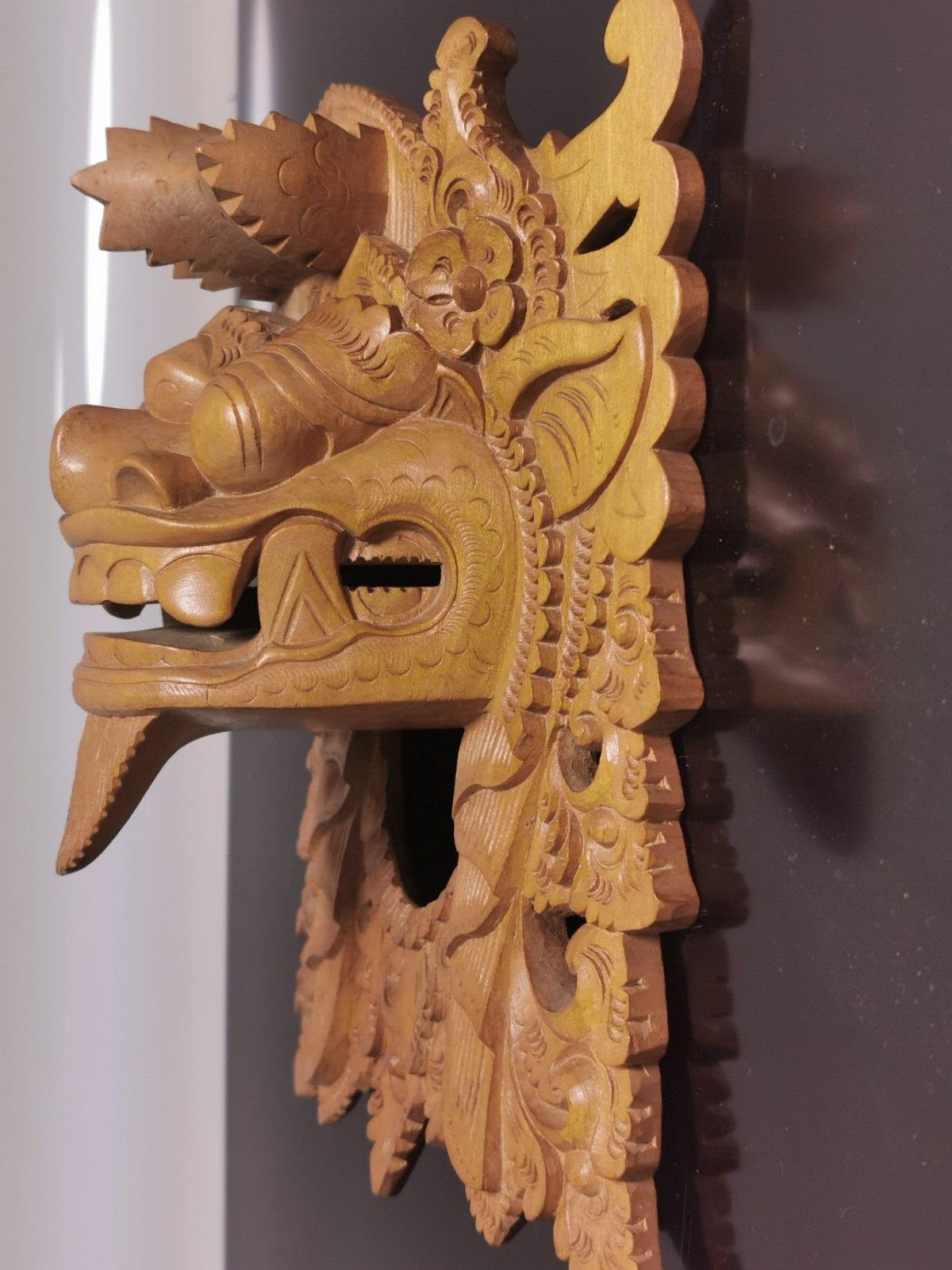 Vintage Balinese Barong Hand Carved Wooden Dragon Face Mask Wall Decor - Image 8