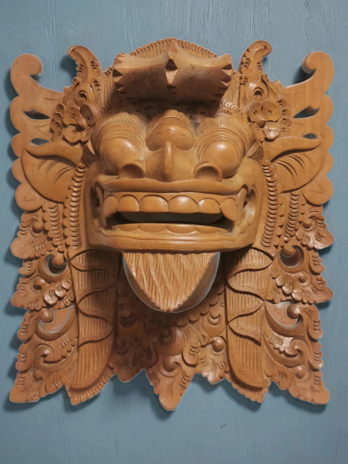 Vintage Balinese Barong Hand Carved Wooden Dragon Face Mask Wall Decor