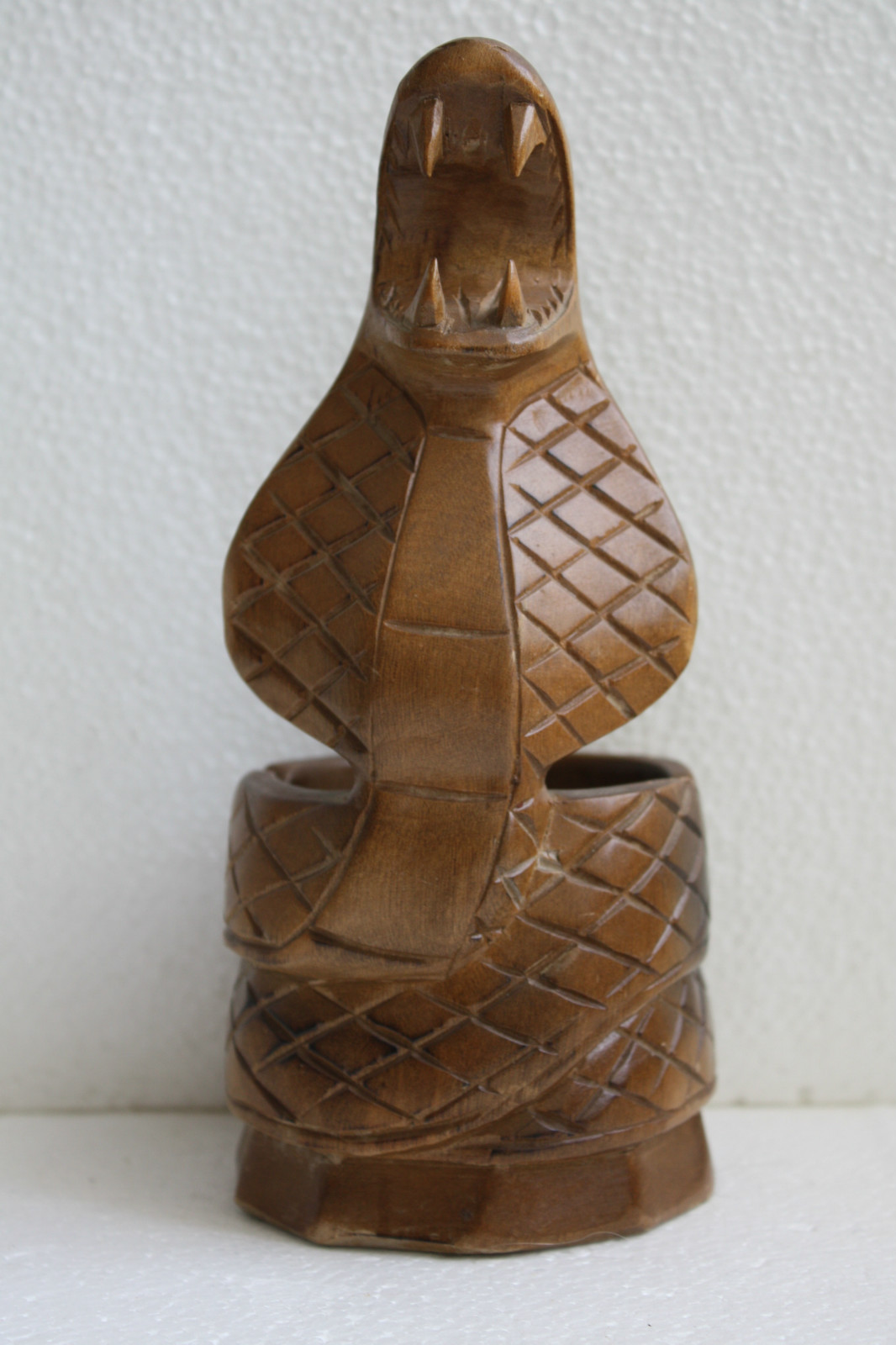 Vintage Hand Carved Solid Wood Ashtray Snake Cobra Unique Wooden Art 8" Decor