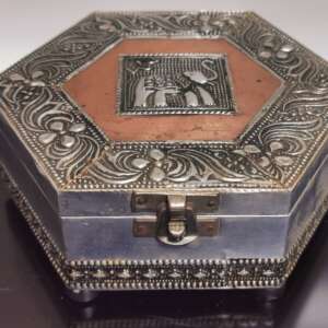 Vintage Hexagon Jewelry Box Wood and Metal Asian Art Collectible