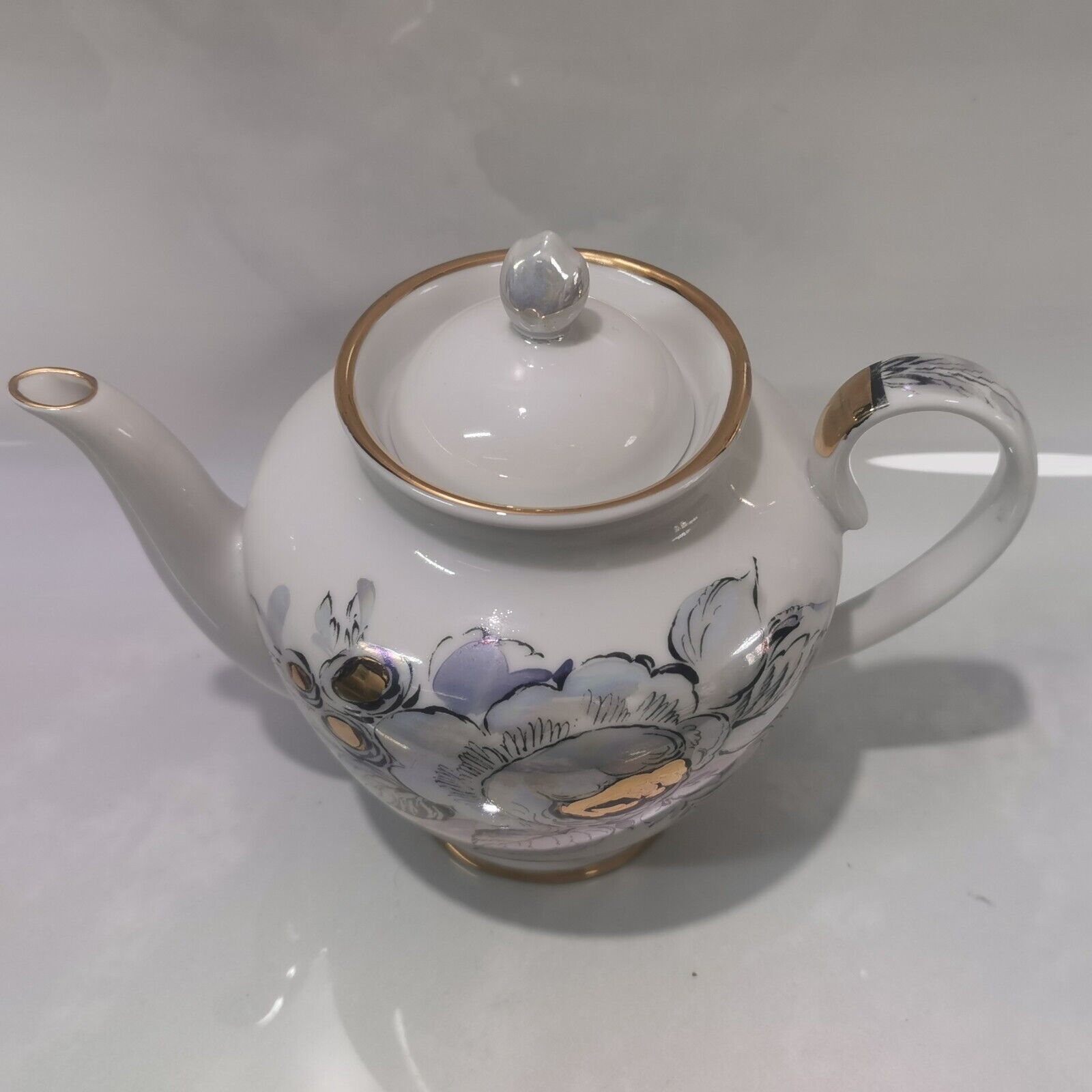Vintage Lomonosov Tea Pot LFZ Porcelain Floral Teapot Gray White Gold Pearl - Image 2