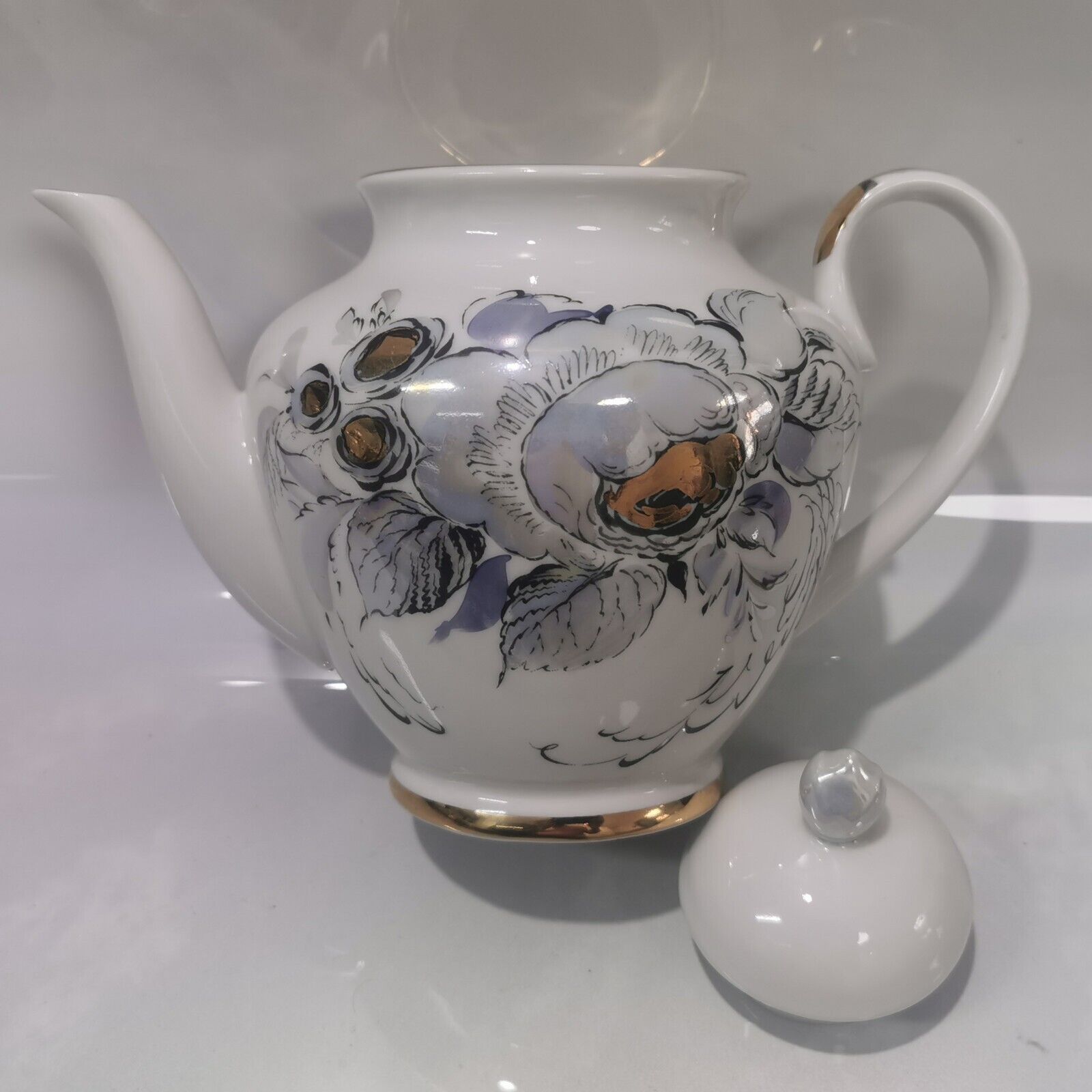 Vintage Lomonosov Tea Pot LFZ Porcelain Floral Teapot Gray White Gold Pearl - Image 3