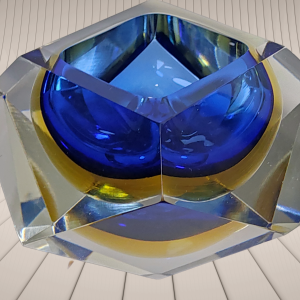 60s Heavy Ashtray Blue Yellow Murano Glass by Flavio Poli for Seguso Italy best