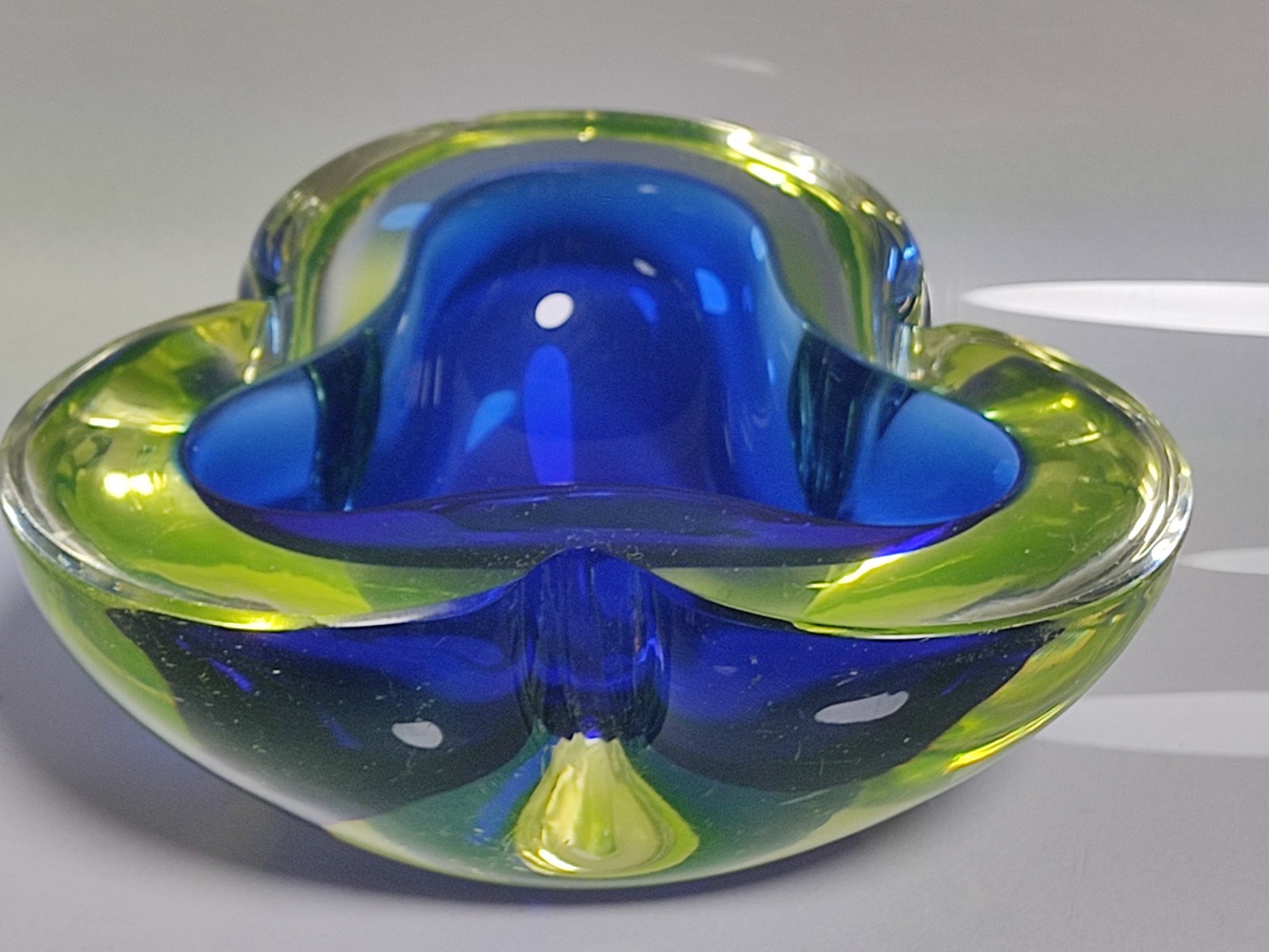 60s Heavy Murano Sommerso Geode Bowl Ashtray Blue Green Uranium Art Glass Italy - Image 11