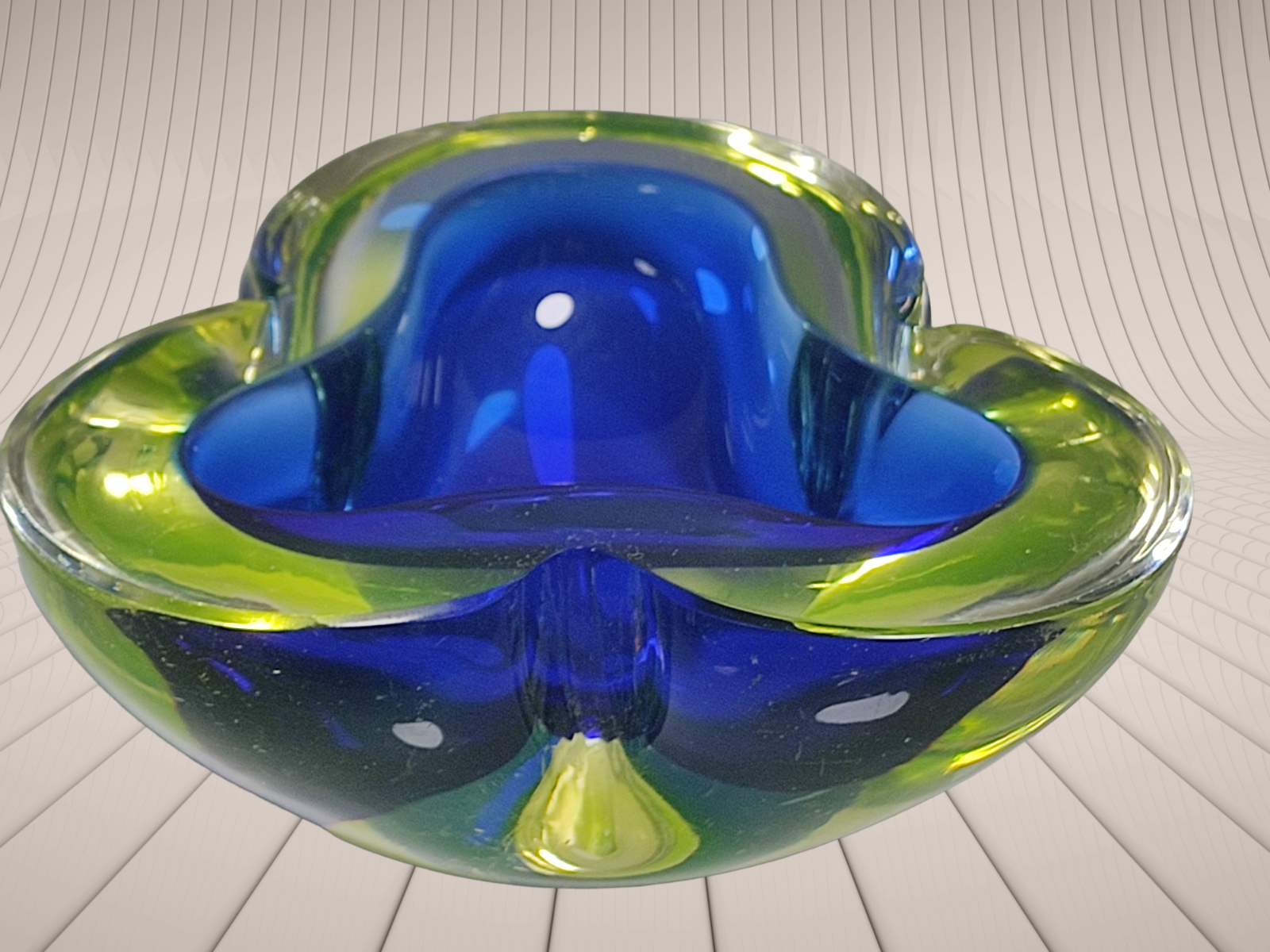 60s Heavy Murano Sommerso Geode Bowl Ashtray Blue Green Uranium Art Glass Italy