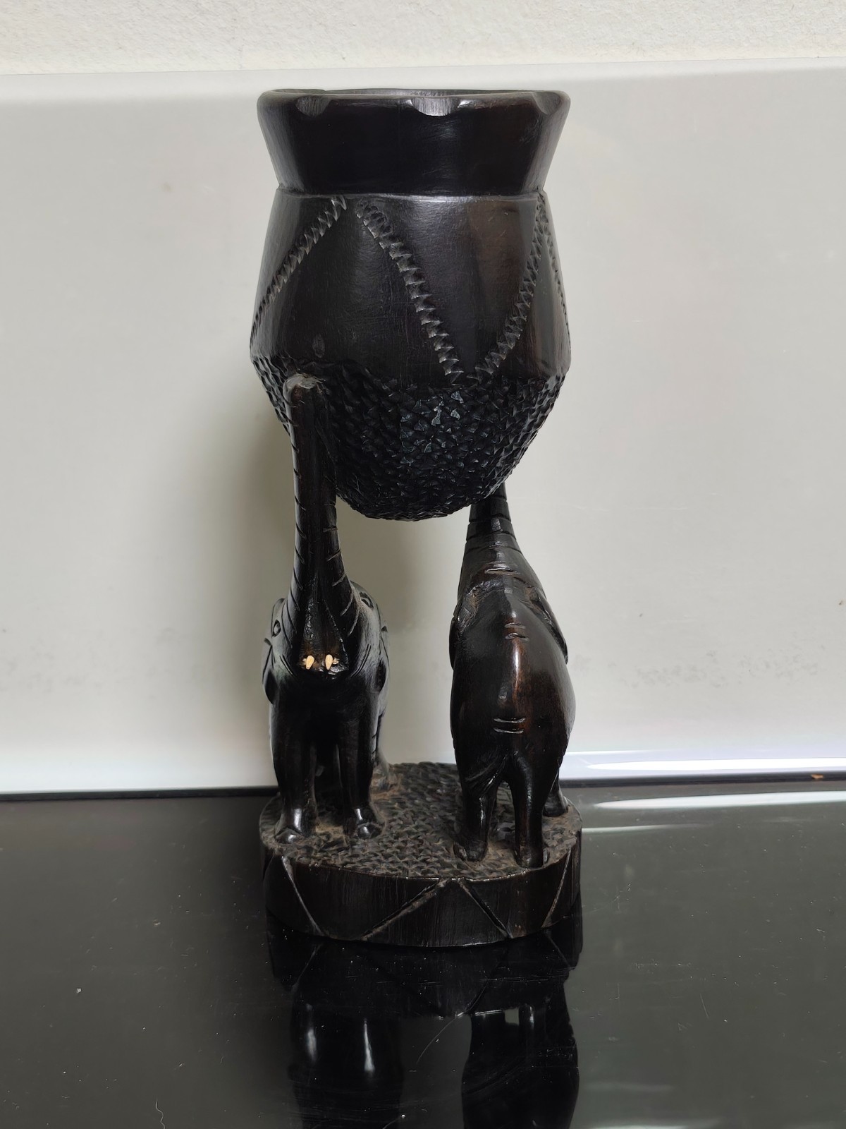 African Figure Heavy Exotic Wood Hardwood Tribal BaKuba Cup With Elephants - Image 3