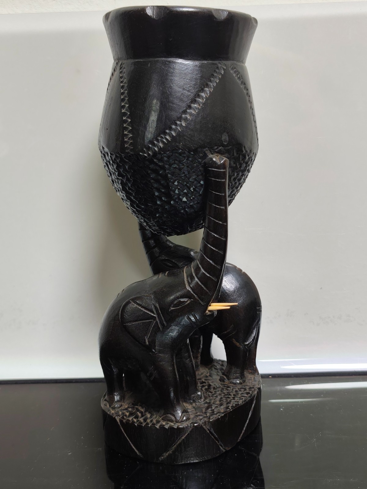 African Figure Heavy Exotic Wood Hardwood Tribal BaKuba Cup With Elephants - Image 4