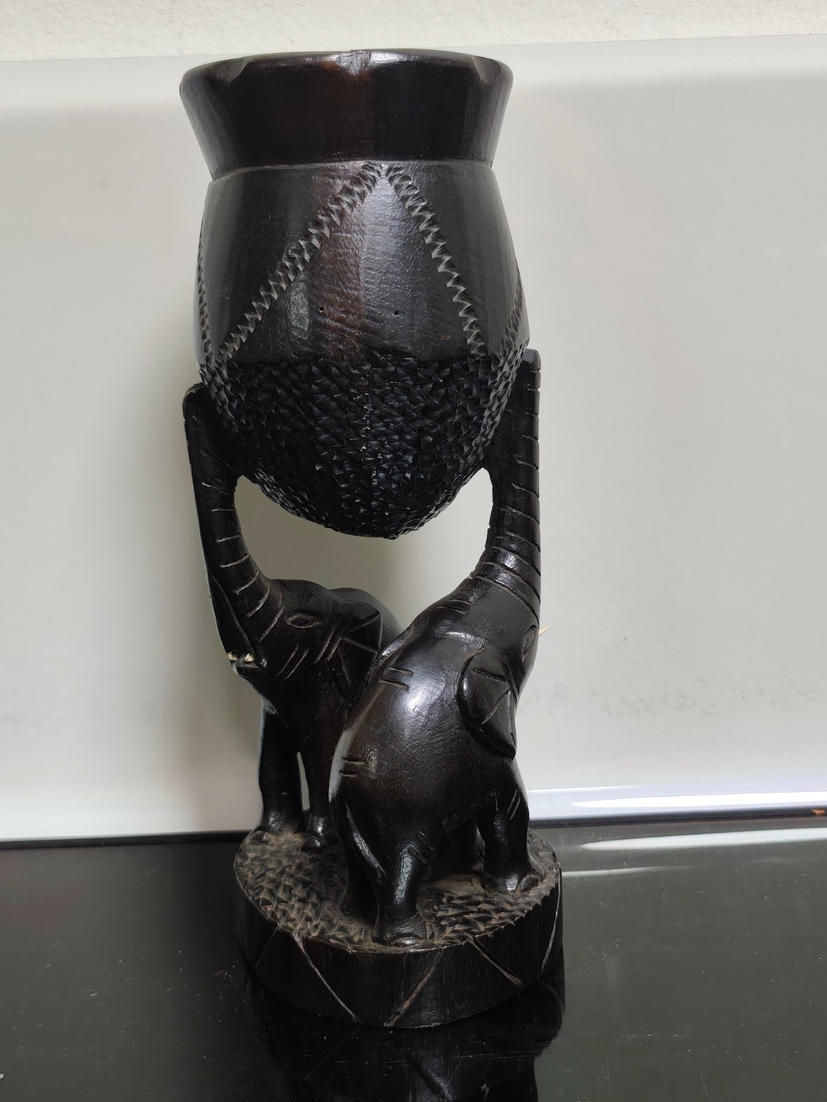 African Figure Heavy Exotic Wood Hardwood Tribal BaKuba Cup With Elephants - Image 5