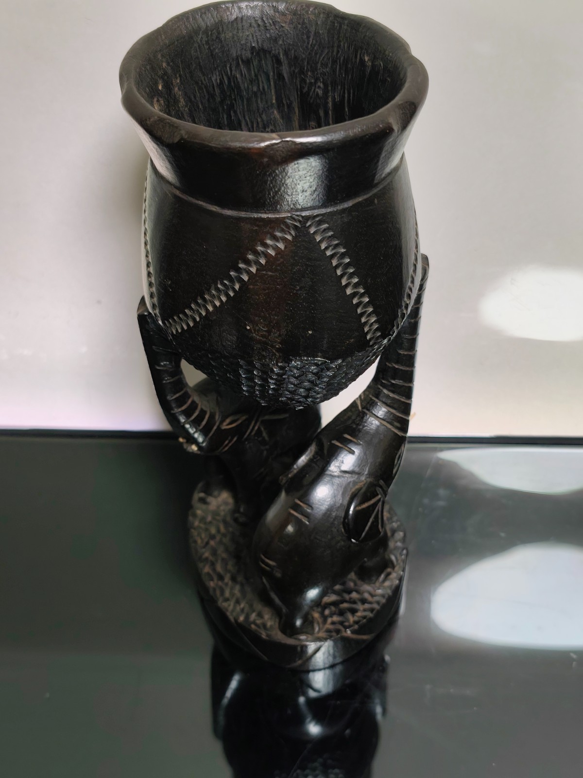 African Figure Heavy Exotic Wood Hardwood Tribal BaKuba Cup With Elephants - Image 6
