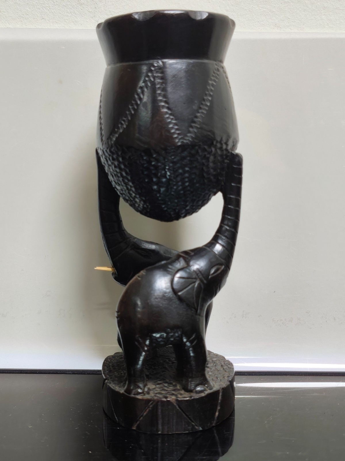 African Figure Heavy Exotic Wood Hardwood Tribal BaKuba Cup With Elephants - Image 9