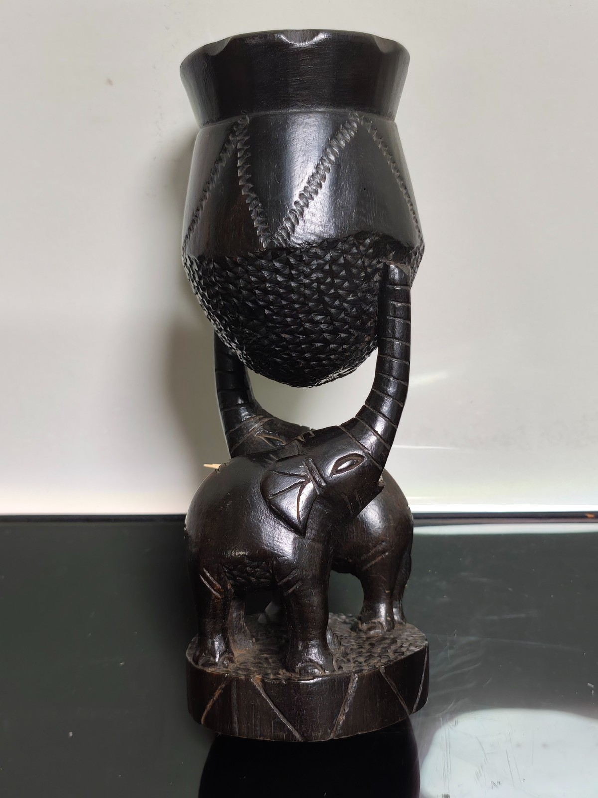 African Figure Heavy Exotic Wood Hardwood Tribal BaKuba Cup With Elephants